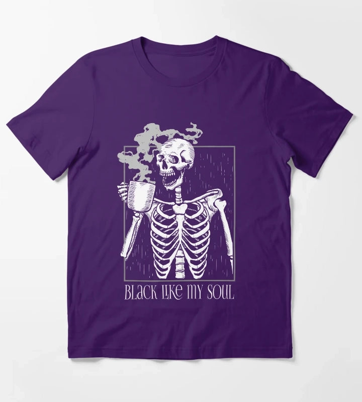 Black like my soul Skeleton drinking coffee T-Shirt Purple