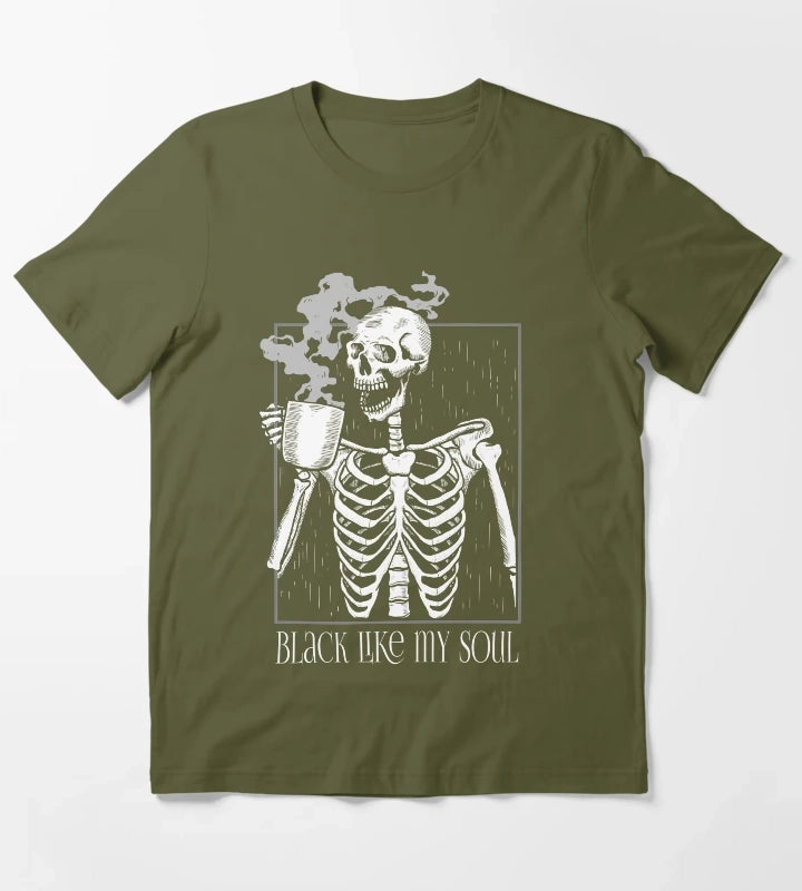 Black like my soul Skeleton drinking coffee T-Shirt Olive Green