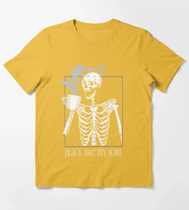Black like my soul Skeleton drinking coffee T-Shirt Yellow