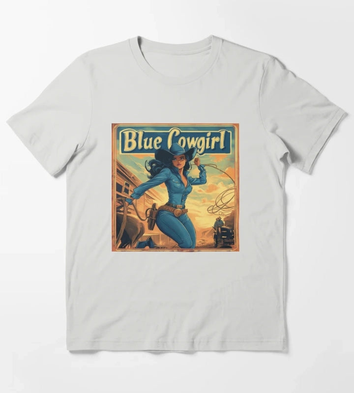 Blue Cowgirl Western Adventure Illustration T-Shirt Light Grey