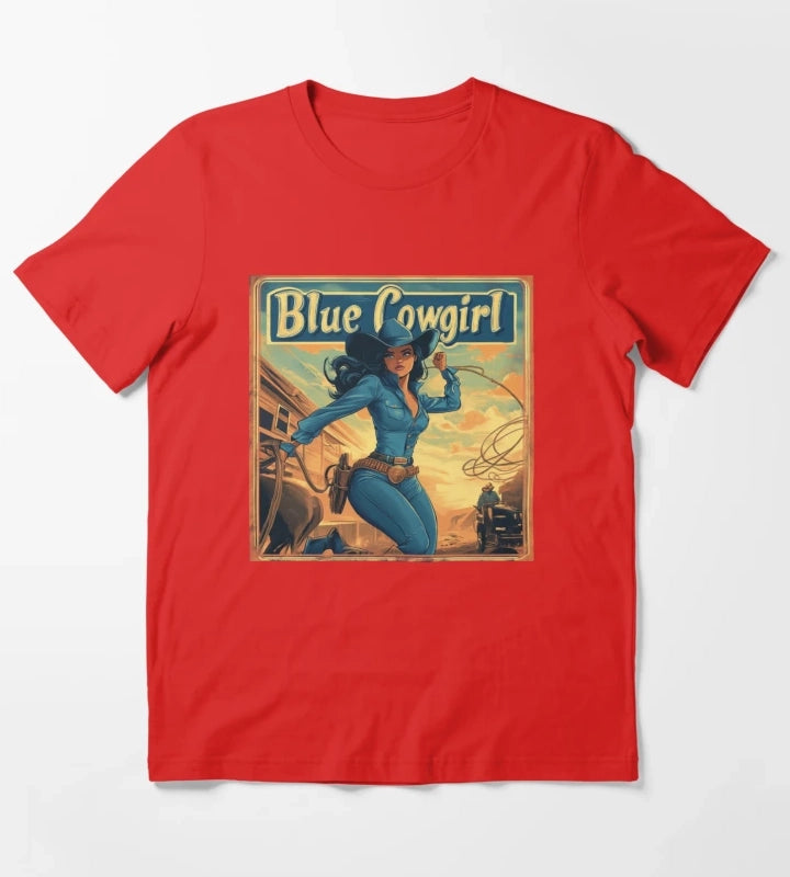 Blue Cowgirl Western Adventure Illustration T-Shirt Red