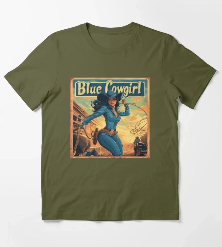 Blue Cowgirl Western Adventure Illustration T-Shirt Olive Green