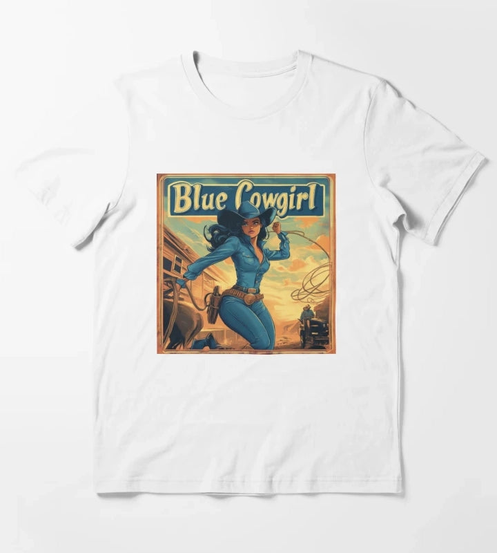 Blue Cowgirl Western Adventure Illustration T-Shirt White