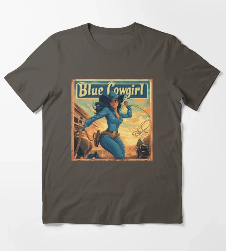 Blue Cowgirl Western Adventure Illustration T-Shirt Dark Grey