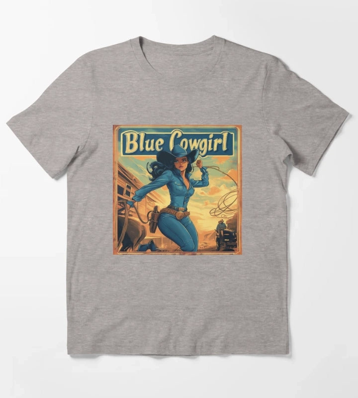 Blue Cowgirl Western Adventure Illustration T-Shirt Heather Grey