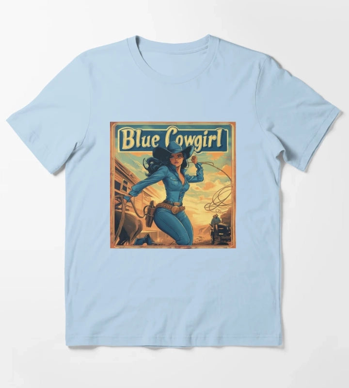 Blue Cowgirl Western Adventure Illustration T-Shirt Sky Blue