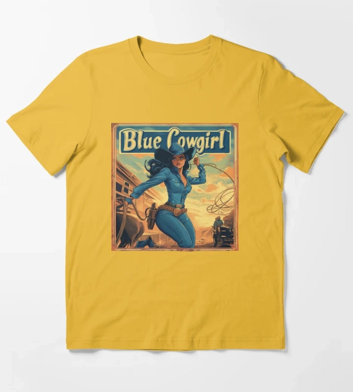 Blue Cowgirl Western Adventure Illustration T-Shirt Yellow