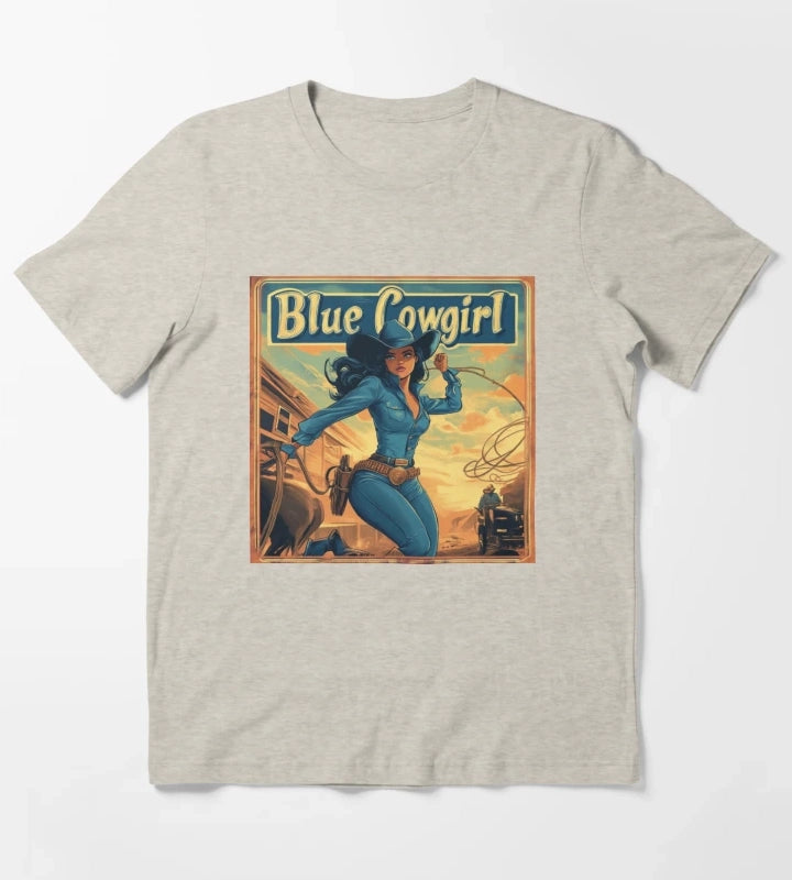 Blue Cowgirl Western Adventure Illustration T-Shirt Cream