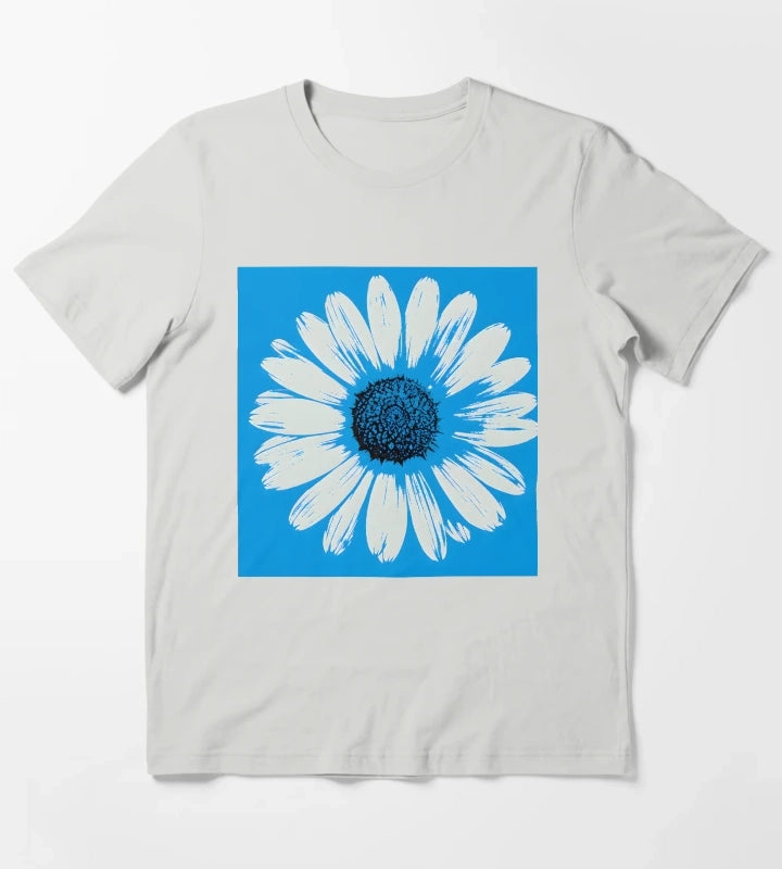 Blue Pop Art Daisies Grid Retro Floral T-Shirt Light Grey