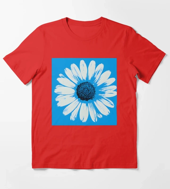 Blue Pop Art Daisies Grid Retro Floral T-Shirt Red