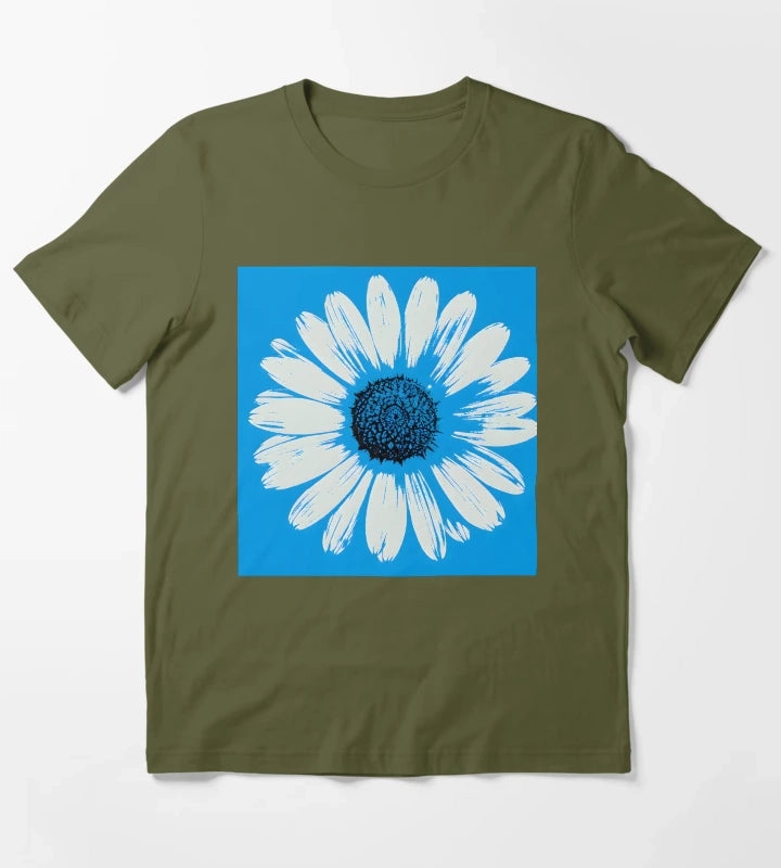 Blue Pop Art Daisies Grid Retro Floral T-Shirt Olive Green
