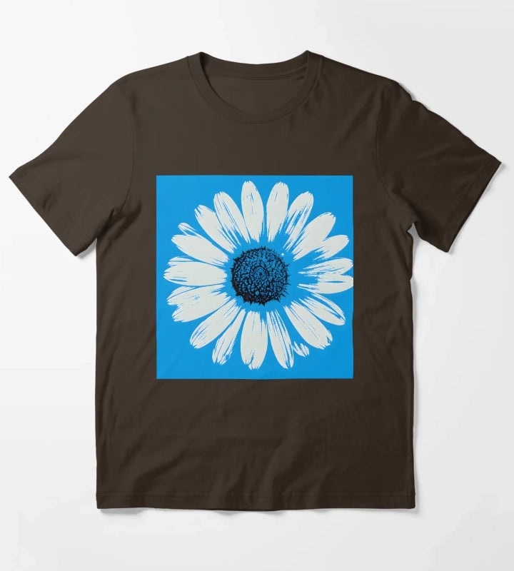 Blue Pop Art Daisies Grid Retro Floral T-Shirt Brown