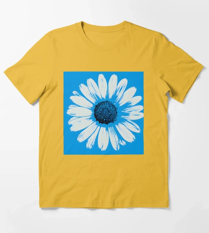 Blue Pop Art Daisies Grid Retro Floral T-Shirt Yellow