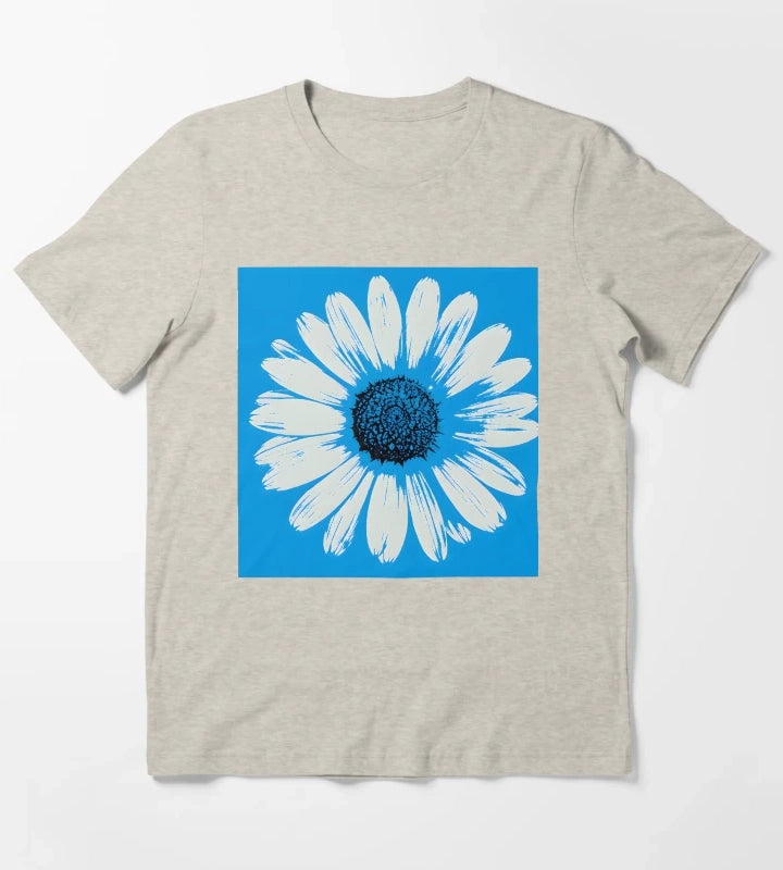 Blue Pop Art Daisies Grid Retro Floral T-Shirt Cream