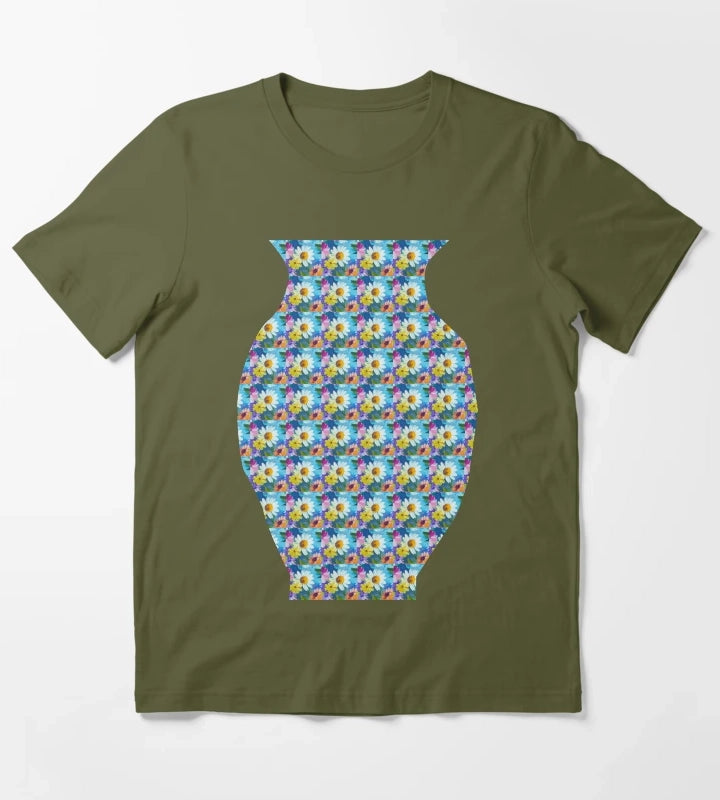 Blue Sky Bloom Textured Daisy Wildflowers T-Shirt Olive Green