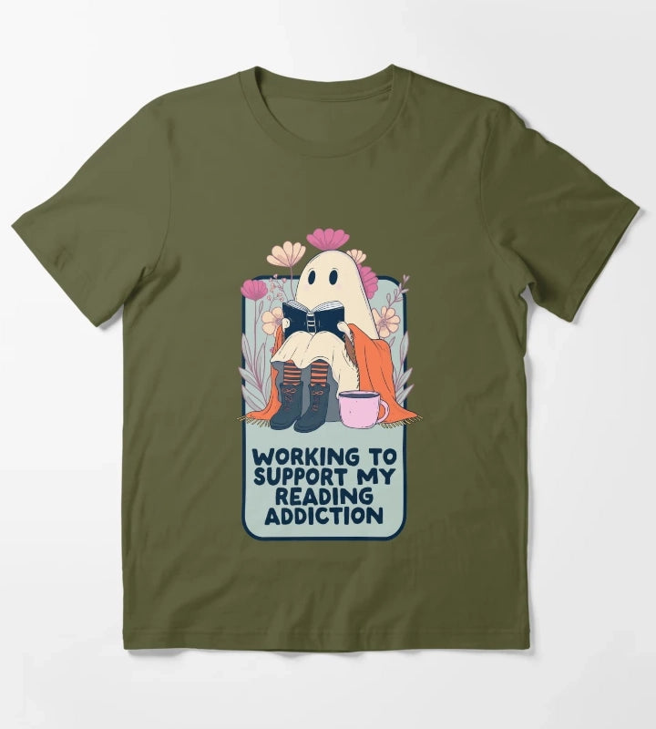 Book Ghost Funny Reading Addiction T-Shirt Olive Green