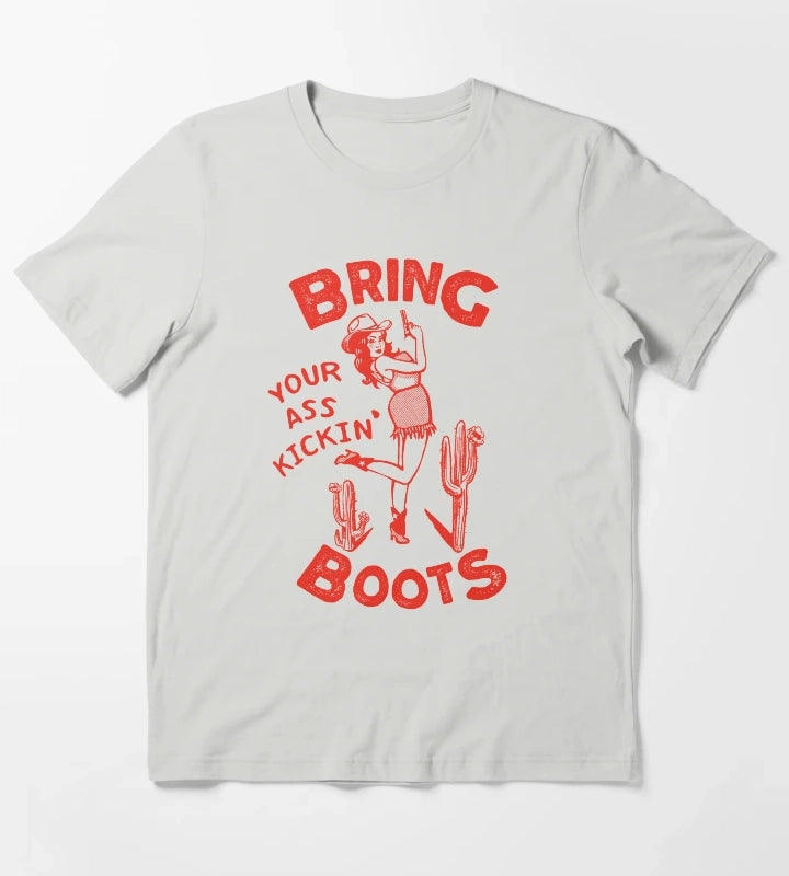 Bring Your Ass Kicking Boots Cool Retro Cowgirl With A Gun A Great Gift Idea For Women T-Shirt Light Grey
