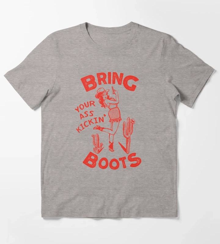 Bring Your Ass Kicking Boots Cool Retro Cowgirl With A Gun A Great Gift Idea For Women T-Shirt Heather Grey