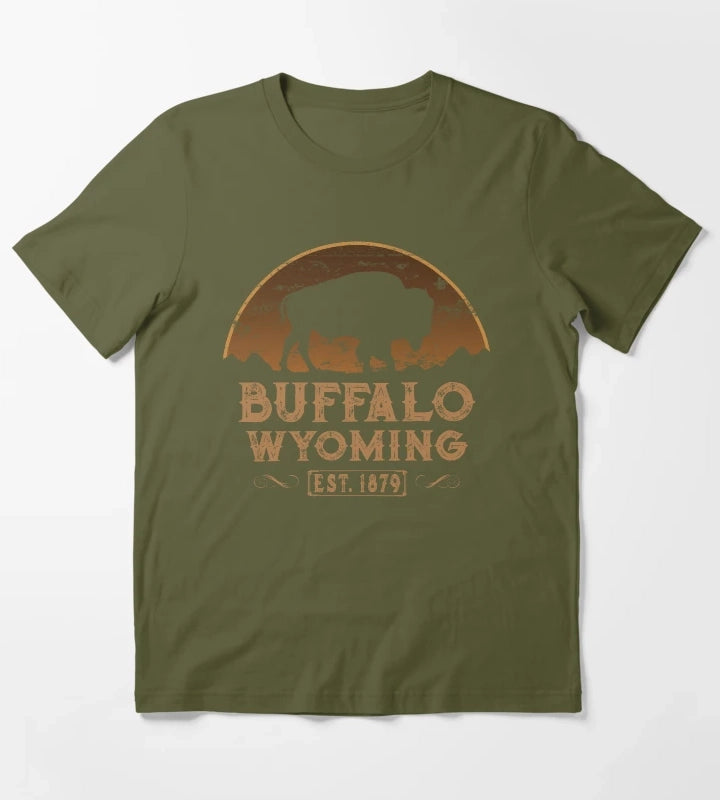 Buffalo Wyoming American Wild West T-Shirt Olive Green