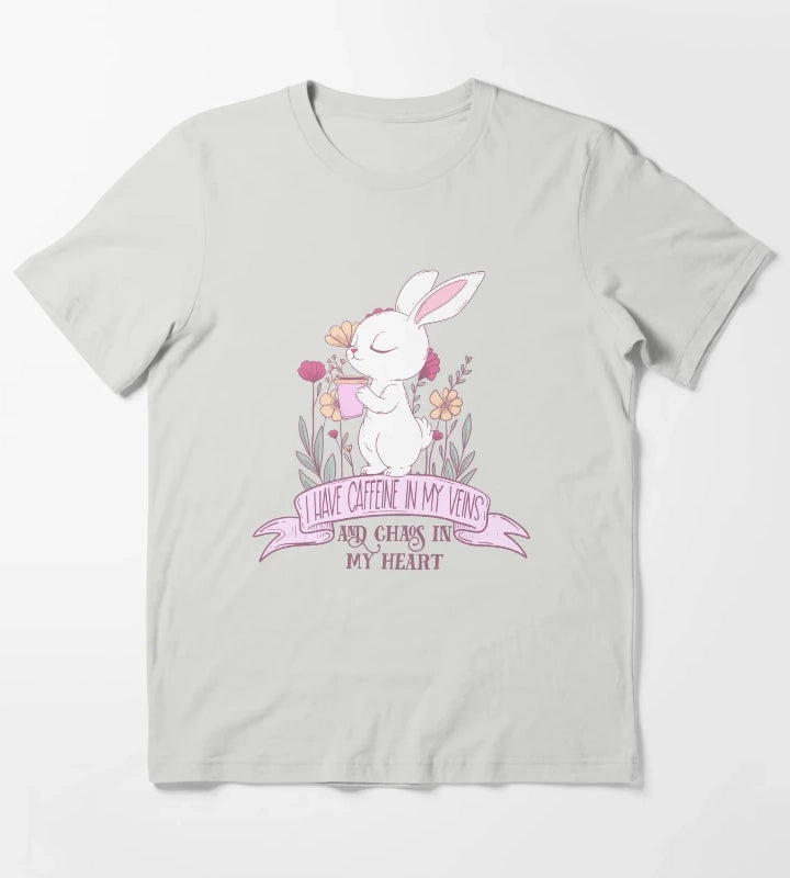 Caffeine in My Veins and Chaos in My Heart Cute Bunny Coffee Lover T-Shirt Light Grey