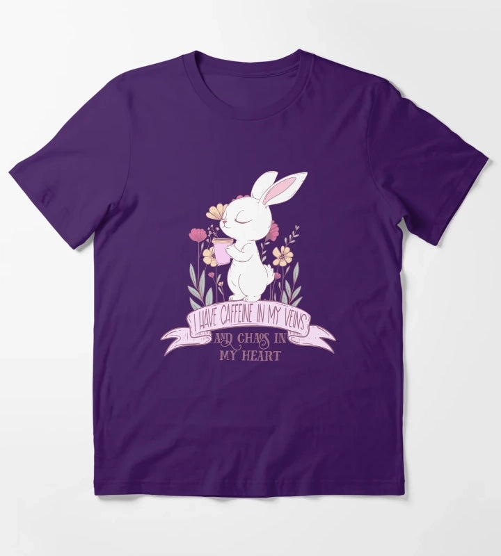 Caffeine in My Veins and Chaos in My Heart Cute Bunny Coffee Lover T-Shirt Purple