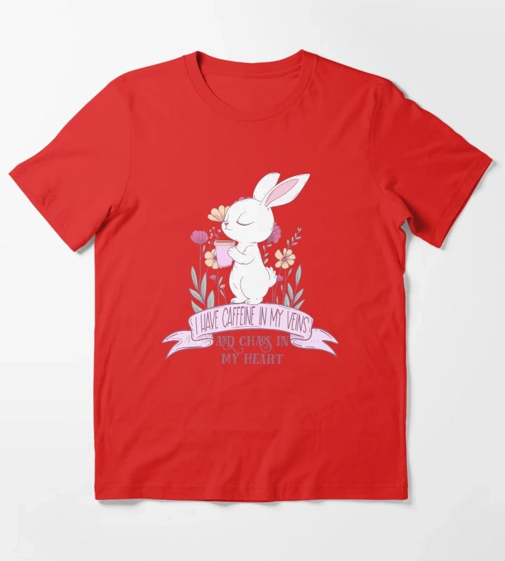 Caffeine in My Veins and Chaos in My Heart Cute Bunny Coffee Lover T-Shirt Red