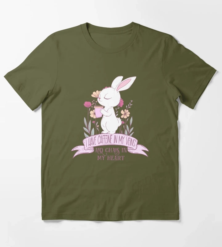 Caffeine in My Veins and Chaos in My Heart Cute Bunny Coffee Lover T-Shirt Olive Green