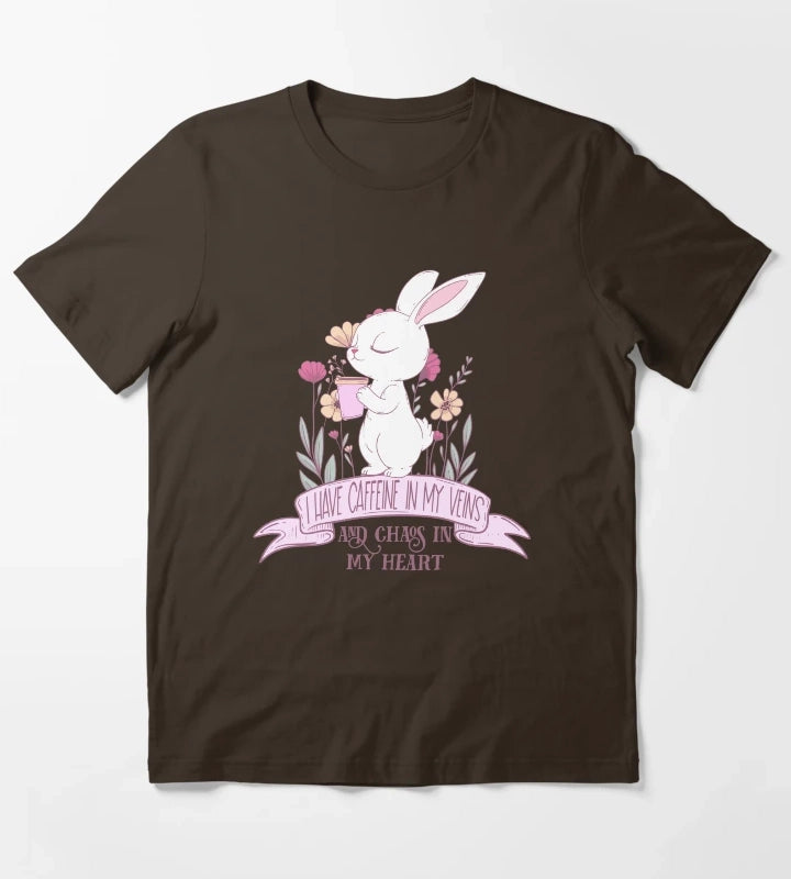 Caffeine in My Veins and Chaos in My Heart Cute Bunny Coffee Lover T-Shirt Brown