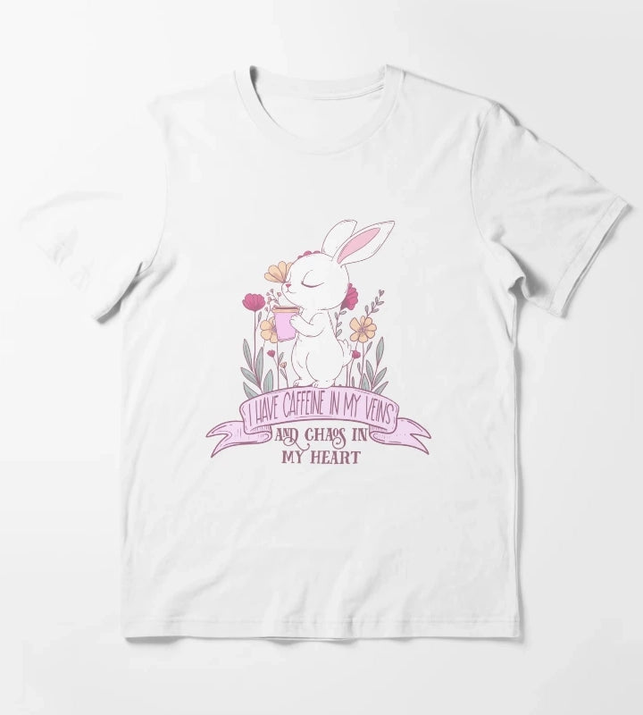 Caffeine in My Veins and Chaos in My Heart Cute Bunny Coffee Lover T-Shirt White