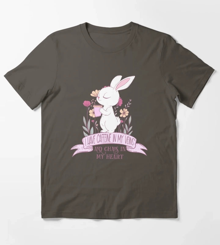 Caffeine in My Veins and Chaos in My Heart Cute Bunny Coffee Lover T-Shirt Dark Grey