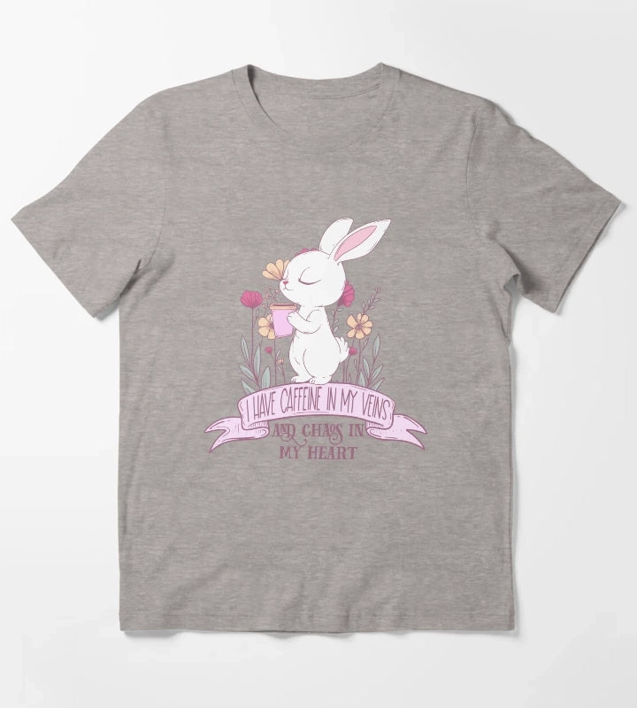 Caffeine in My Veins and Chaos in My Heart Cute Bunny Coffee Lover T-Shirt Heather Grey