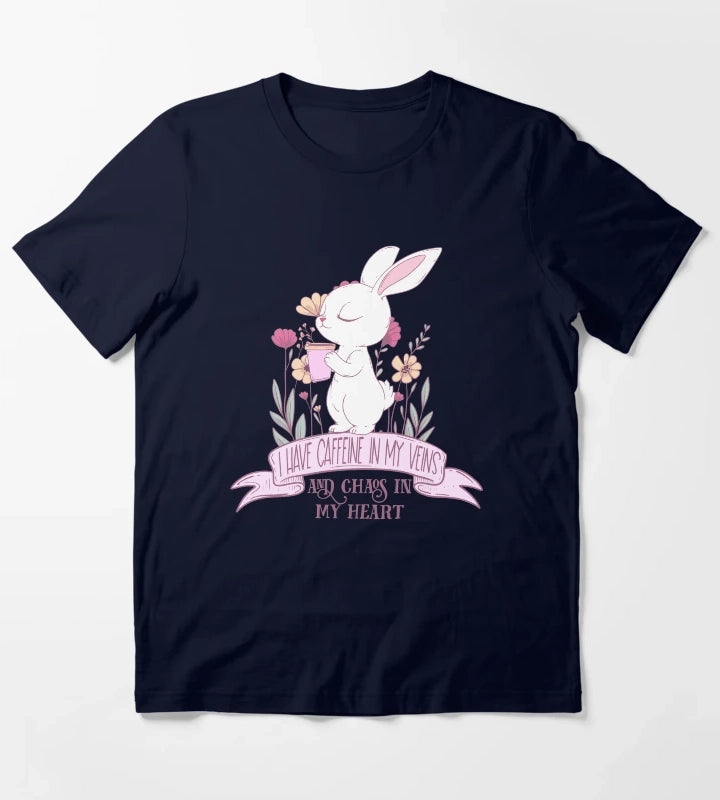 Caffeine in My Veins and Chaos in My Heart Cute Bunny Coffee Lover T-Shirt Navy