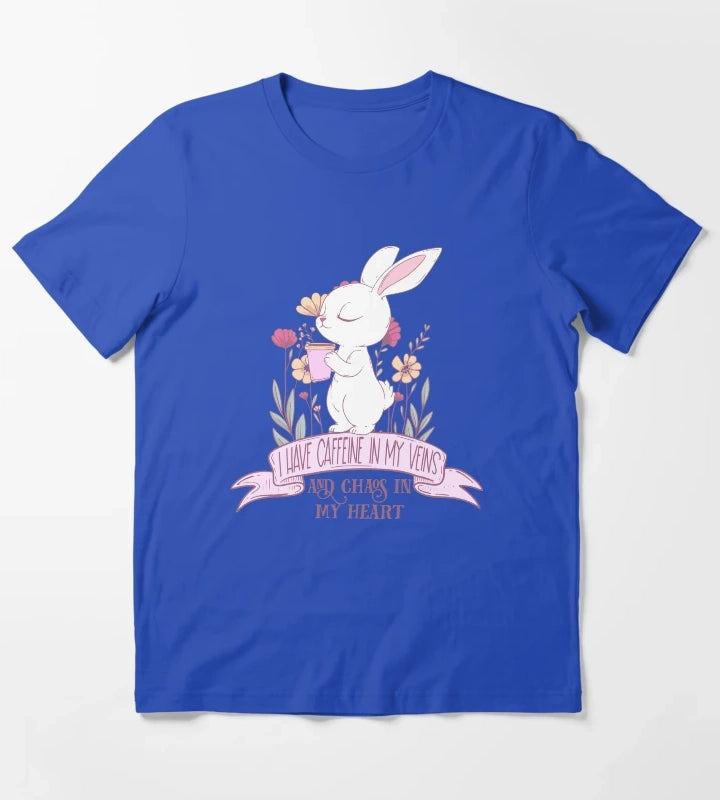 Caffeine in My Veins and Chaos in My Heart Cute Bunny Coffee Lover T-Shirt Blue