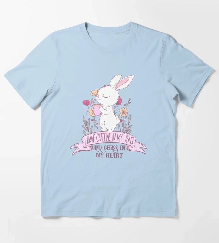 Caffeine in My Veins and Chaos in My Heart Cute Bunny Coffee Lover T-Shirt Sky Blue
