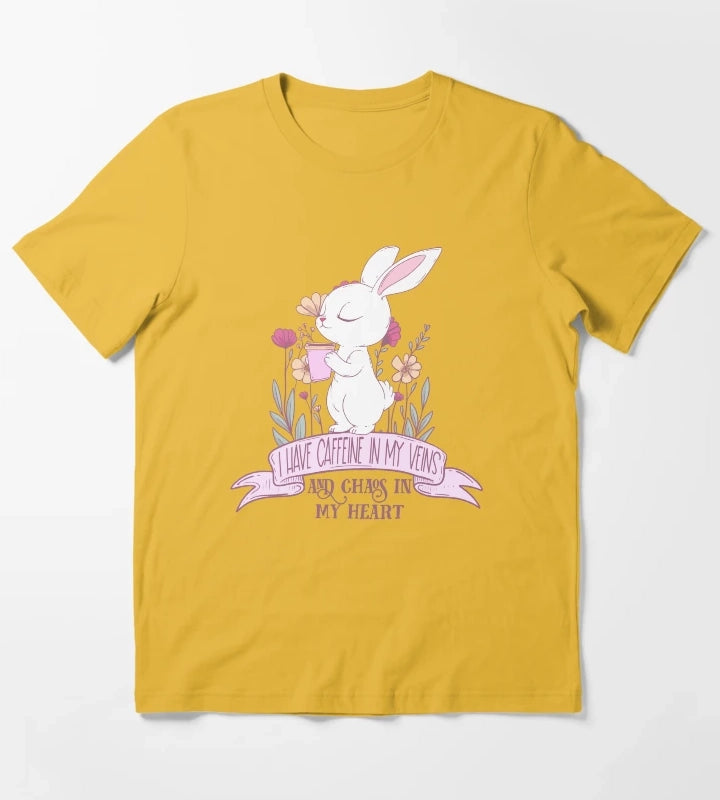Caffeine in My Veins and Chaos in My Heart Cute Bunny Coffee Lover T-Shirt Yellow