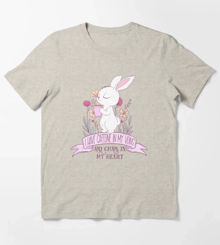 Caffeine in My Veins and Chaos in My Heart Cute Bunny Coffee Lover T-Shirt Cream