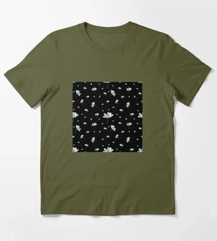 Camomile daisy pattern a watercolor pattern black T-Shirt Olive Green