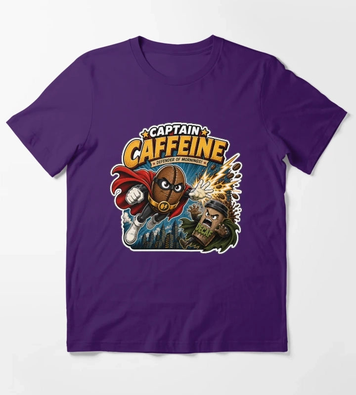 Captain Caffeine Defender of Mornings Funny Superhero Coffee Graphic T-Shirt Purple