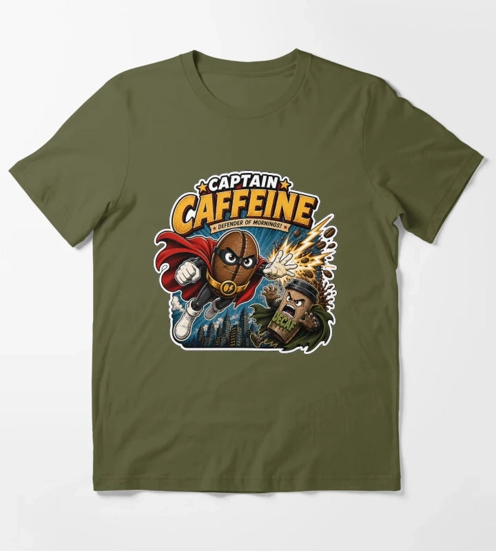Captain Caffeine Defender of Mornings Funny Superhero Coffee Graphic T-Shirt Olive Green