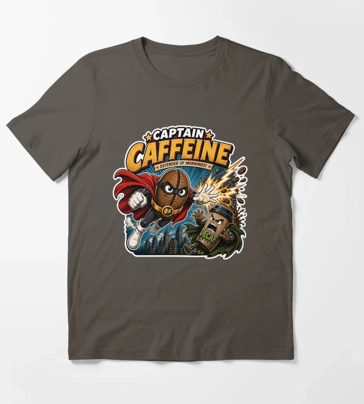 Captain Caffeine Defender of Mornings Funny Superhero Coffee Graphic T-Shirt Dark Grey
