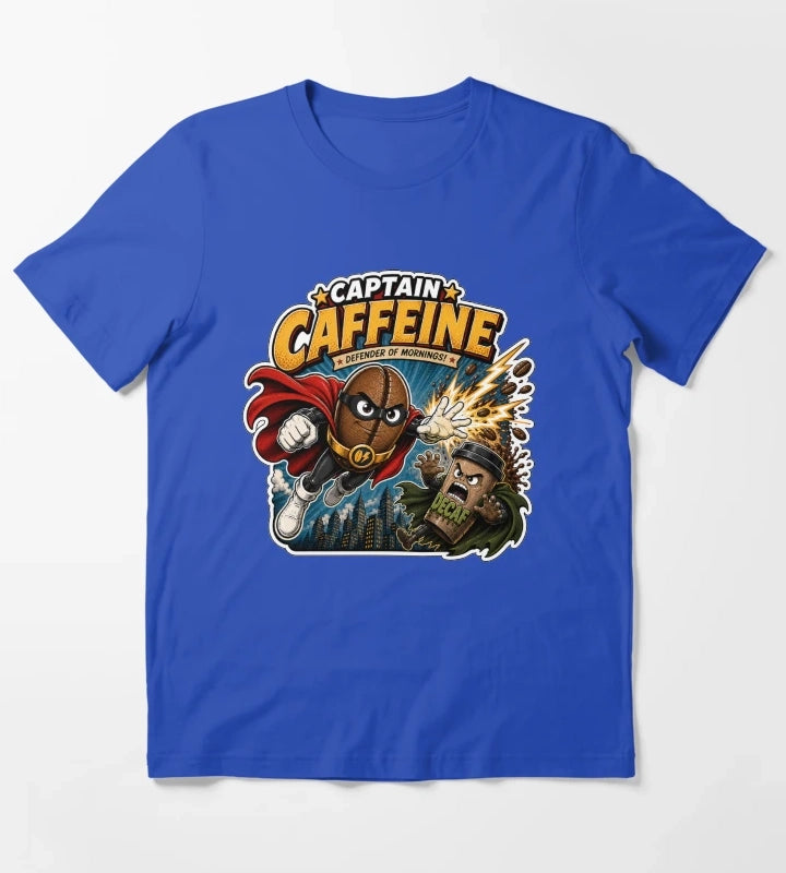 Captain Caffeine Defender of Mornings Funny Superhero Coffee Graphic T-Shirt Blue