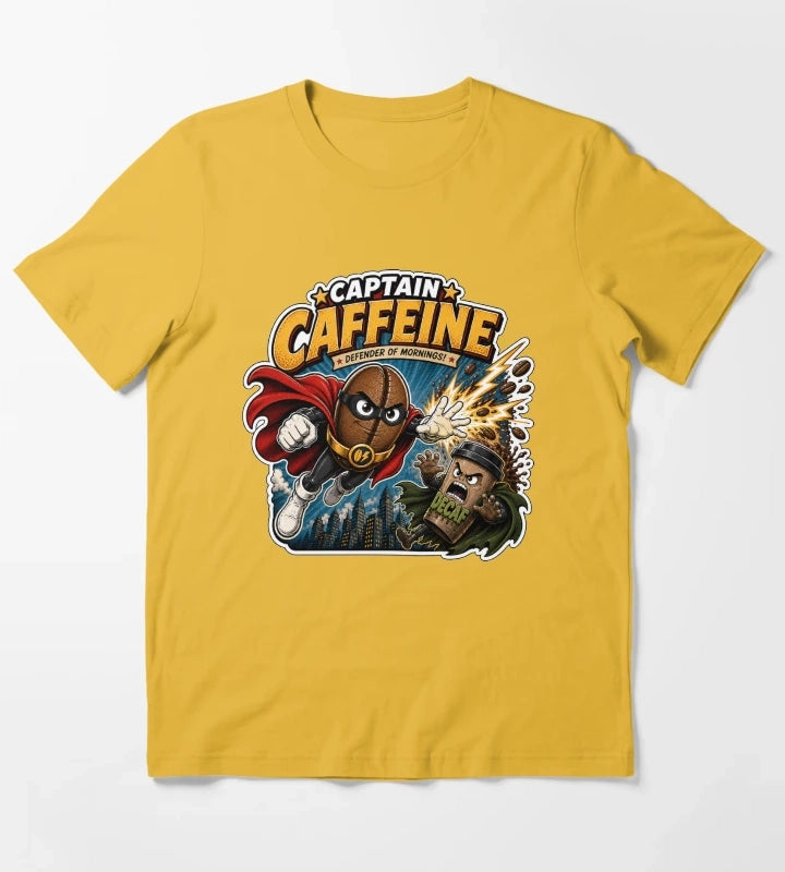 Captain Caffeine Defender of Mornings Funny Superhero Coffee Graphic T-Shirt Yellow