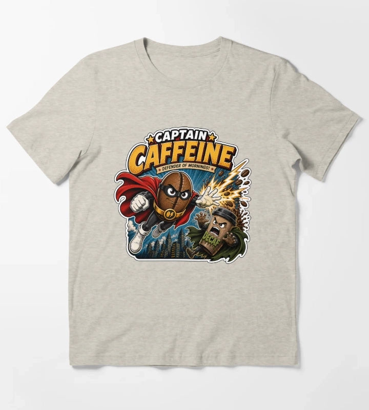 Captain Caffeine Defender of Mornings Funny Superhero Coffee Graphic T-Shirt Cream