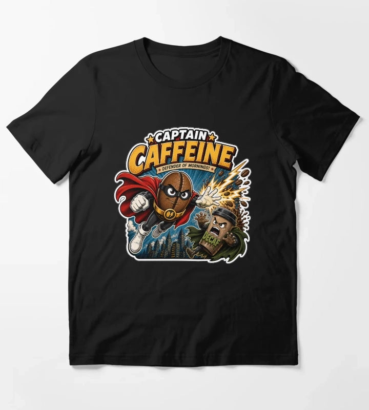 Captain Caffeine Defender of Mornings Funny Superhero Coffee Graphic T-Shirt