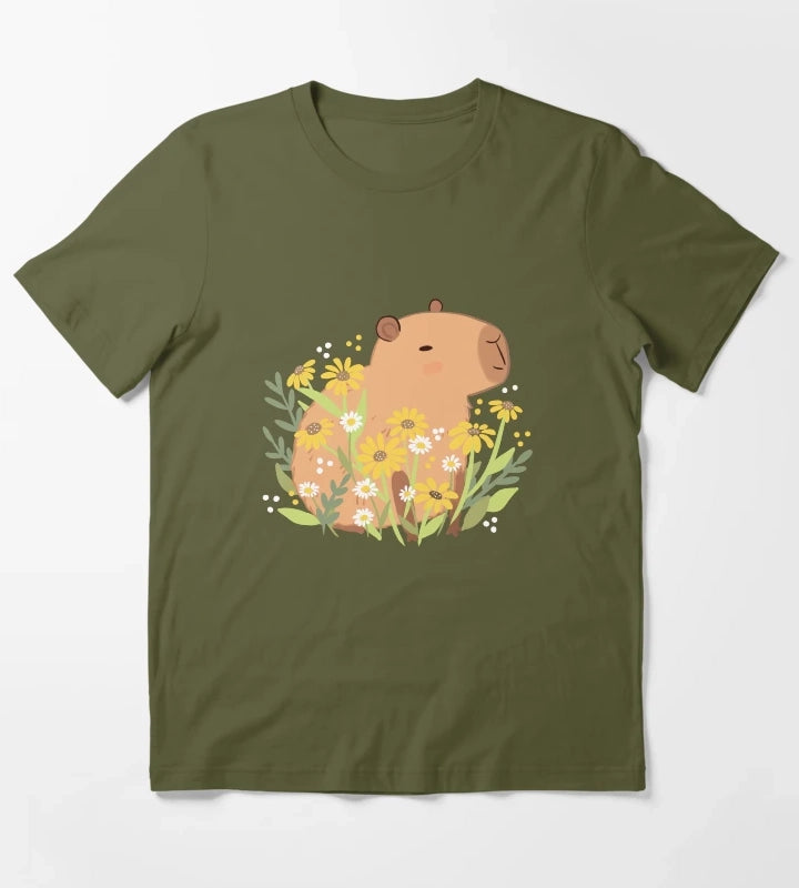 Capybara with daisy flowers T-Shirt Olive Green