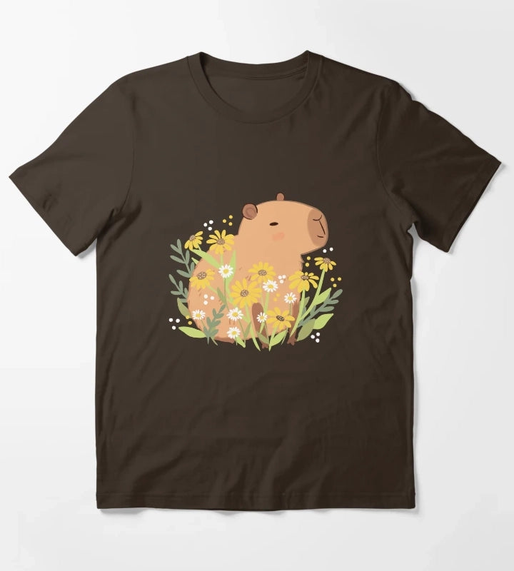Capybara with daisy flowers T-Shirt Brown