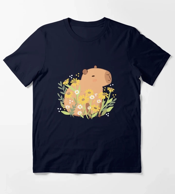 Capybara with daisy flowers T-Shirt Navy