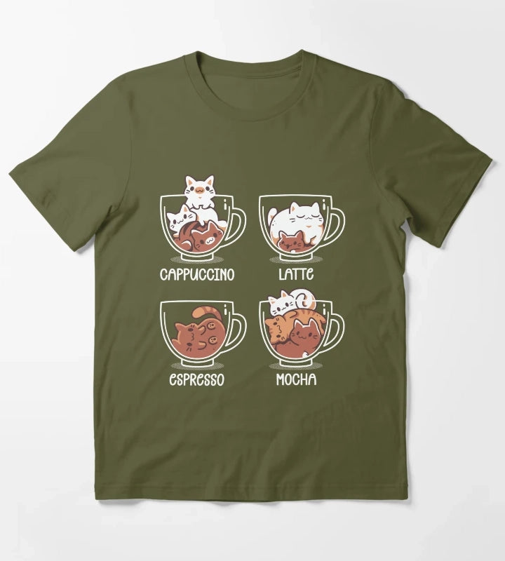 Cat Coffee Guide Cute Kittens T-Shirt Olive Green