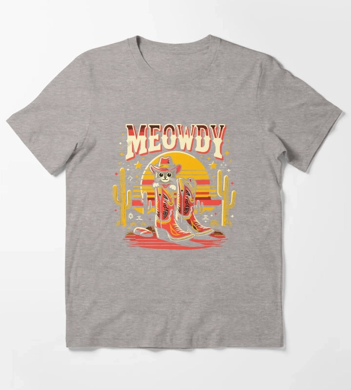 Cat Cowboy Cowgirl Country Western Meowdy Funny Cat T-Shirt Heather Grey