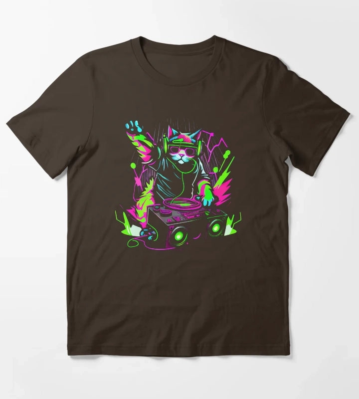 Cat DJ Decks 80s 90s Retro Neon Clubbers Rave Party T-Shirt Brown
